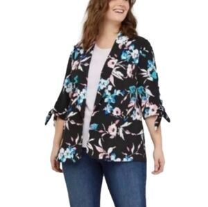 Lane Bryant Poly Stretch Black Pink Aqua Floral Print 3/4 Tie Sleeve Bla…